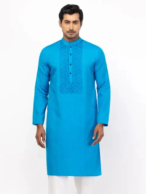 Blue Printed and Embroidered Viscose-Cotton Slim Fit Panjabi Pajama Set
